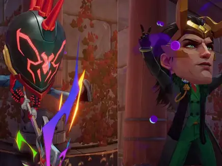Two animated characters from Marvel Rivals: one in a spiky helmet with vibrant energy, the other with horns and floating orbs. Autumn leaves on brick wall.