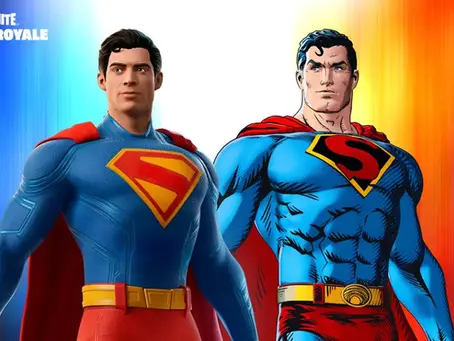 Two superman in blue suits with red capes stand against a gradient background of red and blue. "Fortnite Battle Royale" text is visible.