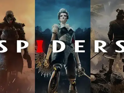 Three characters in fantasy outfits; left with electricity, middle mechanical, right with a sword. Text "SPIDERS" across the image.