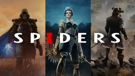 Three characters in fantasy outfits; left with electricity, middle mechanical, right with a sword. Text "SPIDERS" across the image.