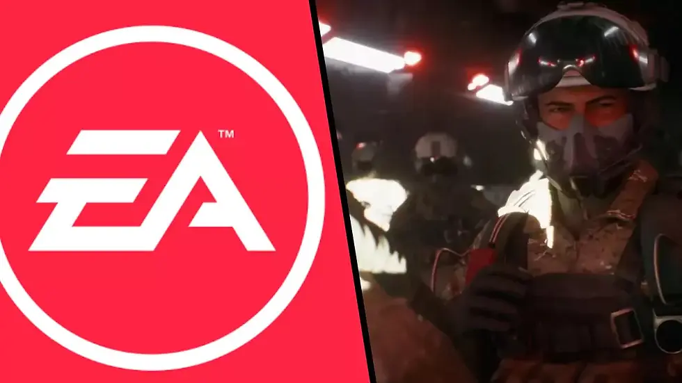 EA logo on left, red and white. On right, a Battlefield soldier in tactical gear and helmet, dimly lit and serious. Background is dark with red lights.