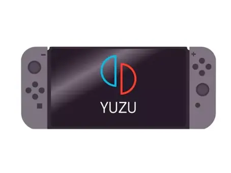 A gaming console with gray controllers displays the word "YUZU" and a split circle logo in blue and red on a black screen.