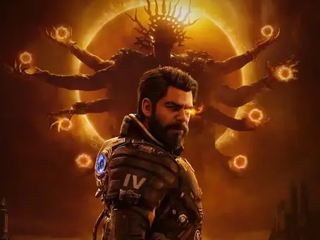 Housemarque’s Saros poster featuring Rahul Kohli as Arjun Devraj with multihand monster in the backdrop.