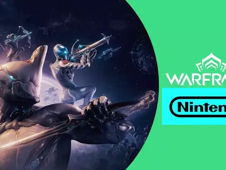 Futuristic warriors in dynamic poses in space, holding weapons. Text: "Warframe Nintendo." Green background accent. Energetic vibe.