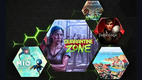 Hexagonal game covers on a dark background, featuring "Quarantine Zone," a tense figure, and other games titled "Star Rupture," "Pathologic 3," and more. its from NVIDIA announces 14 games joining GeForce NOW in January 2026, including My Winter Car, Space Marine 2, and Banishers: Ghosts of New Eden. Five available now.