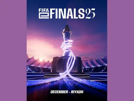 Futuristic structure with glowing spirals against a sunset sky, text "FIFA eFINALS 25" and "December - Riyadh" on a purple background.
