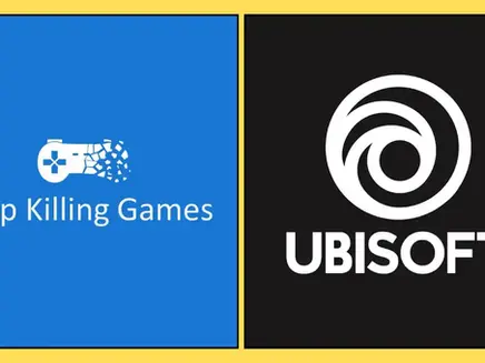 Split graphic: blue Stop Killing Games poster with shattered gamepad, beside black Ubisoft logo on yellow background.