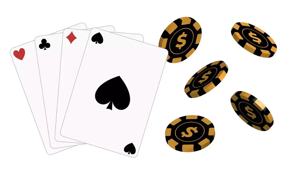 Playing cards with spade, heart, club, and diamond suits next to black and gold poker chips on a white background.