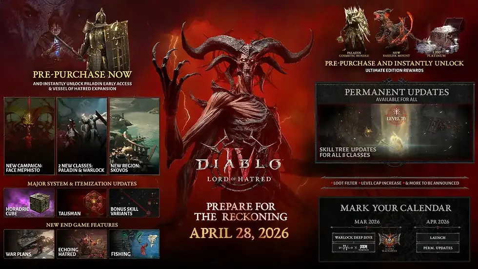 Demonic figure on red background. Promotional text for Diablo IV: Lord of Hatred. Pre-purchase info, updates, and release date: April 28, 2026.