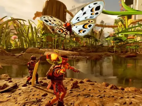 Two figures in colorful gear face a large, detailed butterfly near a pond in a lush garden. Bright, vibrant scene with a playful mood. its all from the grounded 2 video game.
