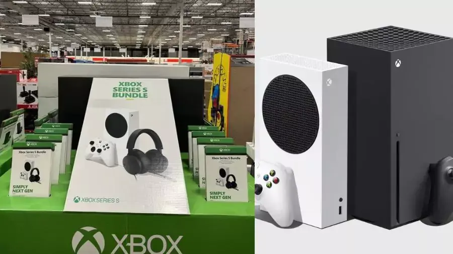 Xbox Series S bundle display in a store with controllers and headphones. Boxes are green and white. Adjacent, Xbox consoles in black and white.