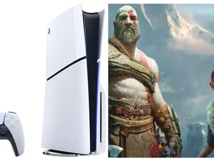 PlayStation 5 console and controller on a white background next to a fantasy artwork of two characters set against a snowy mountain backdrop.
