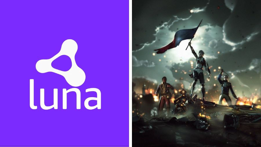 Purple Luna logo on left; on right, warriors raise a flag amid storm clouds, sparks, and fires in a dark battlefield from Steelrising.