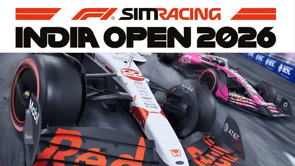 Race cars in close competition on a track. Bold F1 Sim Racing India Open 2026 text above. Prominent pink and white car designs.