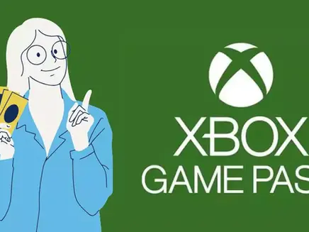 Illustration of a person in blue holding tickets on a green background. Xbox Game Pass logo and text are prominent. Appears cheerful.