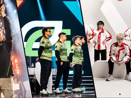 Three esports team photos: left, player holds trophy is SC2 winner Serral; center, OpTic Gaming team, winner of BO6 stands on stage; right, HOK winners AG.AL team in red and white jackets pose.