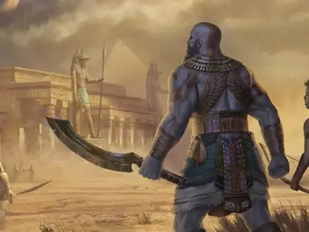 An AI-generated image depicting Kratos from the God of War video game, wielding a sword in an Egyptian-inspired setting.