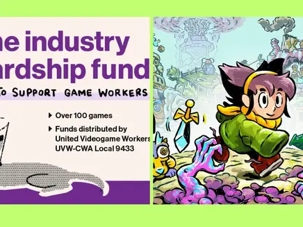 Split poster for Game Industry Hardship Fund: left text on supporting game workers; right colorful cartoon hero in fantasy ruins