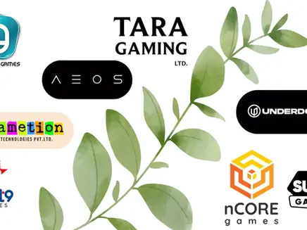 Logos of various gaming companies surround leafy branches on a white background, featuring names like TARA Gaming and nCORE Games.