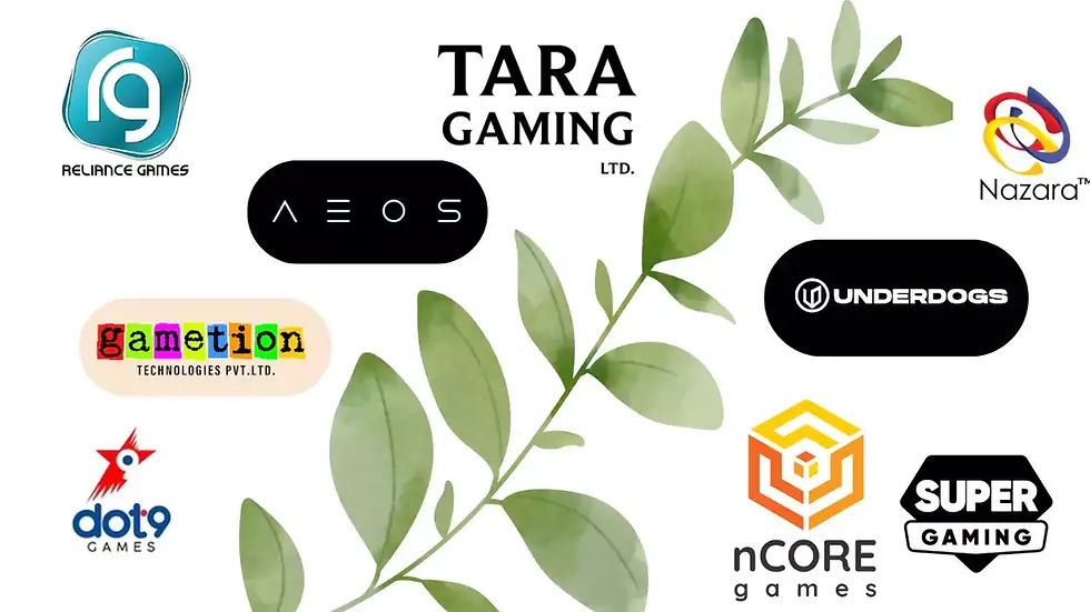 Logos of various gaming companies surround leafy branches on a white background, featuring names like TARA Gaming and nCORE Games.