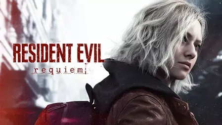 Woman with blonde hair gazes intensely. Text reads "Resident Evil: requiem." Urban backdrop, reddish-brown tones create a tense mood.
