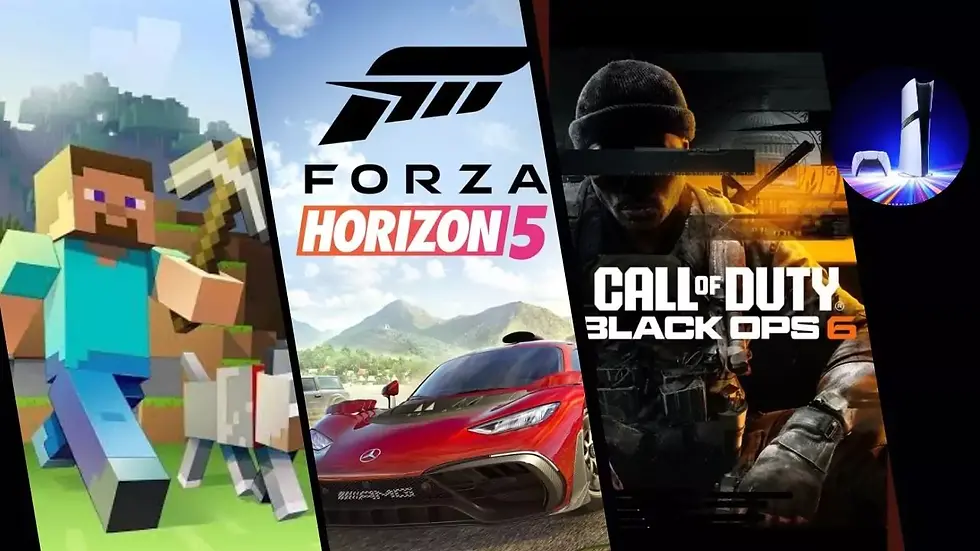 Split image: Minecraft with a pixelated character and dog, Forza Horizon 5 with a red car, Call of Duty: Black Ops 6 with soldier. PlayStation logo.