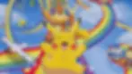 Cheerful Pokémon sliding on rainbow trails in a vibrant sky. Pikachu leads, joyfully followed by various Pokémon, creating a lively scene.