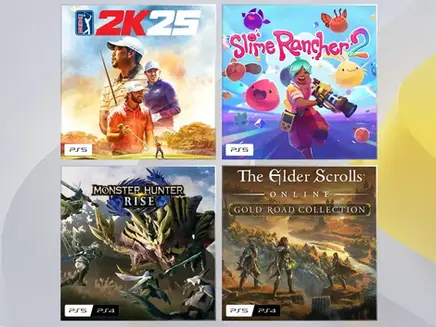 Four PlayStation plus march 2026 game covers: PGA Tour 2K25, Slime Rancher 2, Monster Hunter Rise, and The Elder Scrolls Online.