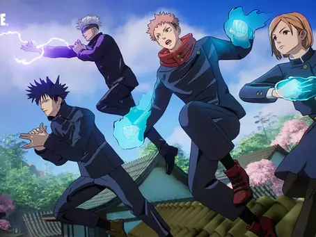 Four animated characters from Jujutsu Kaisen with glowing blue and purple powers, jumping in mid-air over rooftops. "Fortnite" text in top left corner.