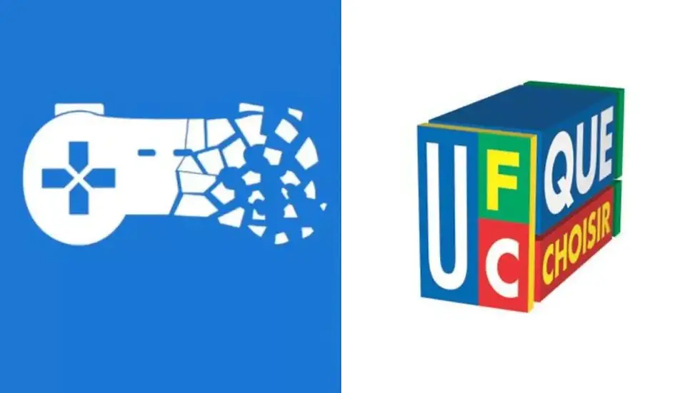 Two images: Stop Killing Games and French consumer advocacy group UFC-Que Choisir.