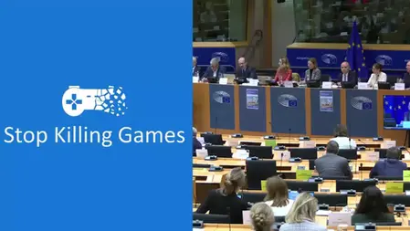 Panel discussion in European parliament with a blue poster reading "Stop Killing Games" featuring a shattered game controller design.