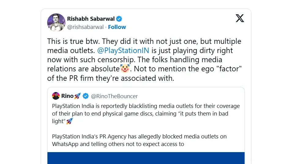 Screenshot of an X post by Rishabh Sabarwal criticizing @PlayStationIN censorship, with an embedded post about media blacklisting.