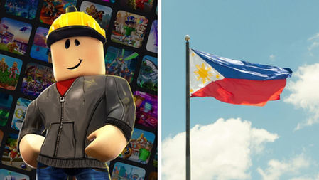Roblox-style worker avatar in a yellow hard hat beside a waving Philippine flag against a blue sky and clouds.