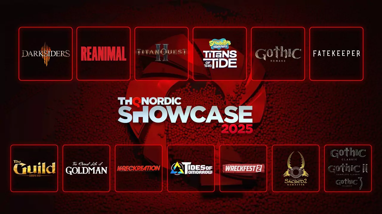 THQ Nordic Showcase 2025 lineup featuring game titles on a textured red background with bold white and red text.