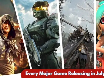 Collage of fantasy and sci-fi game characters with banner text Every Major Game Releasing in July 2026: Assassin's Creed Black Flag Resynced, Halo: Campaign Evolved, Mistfall Hunter, Splatoon Raiders.