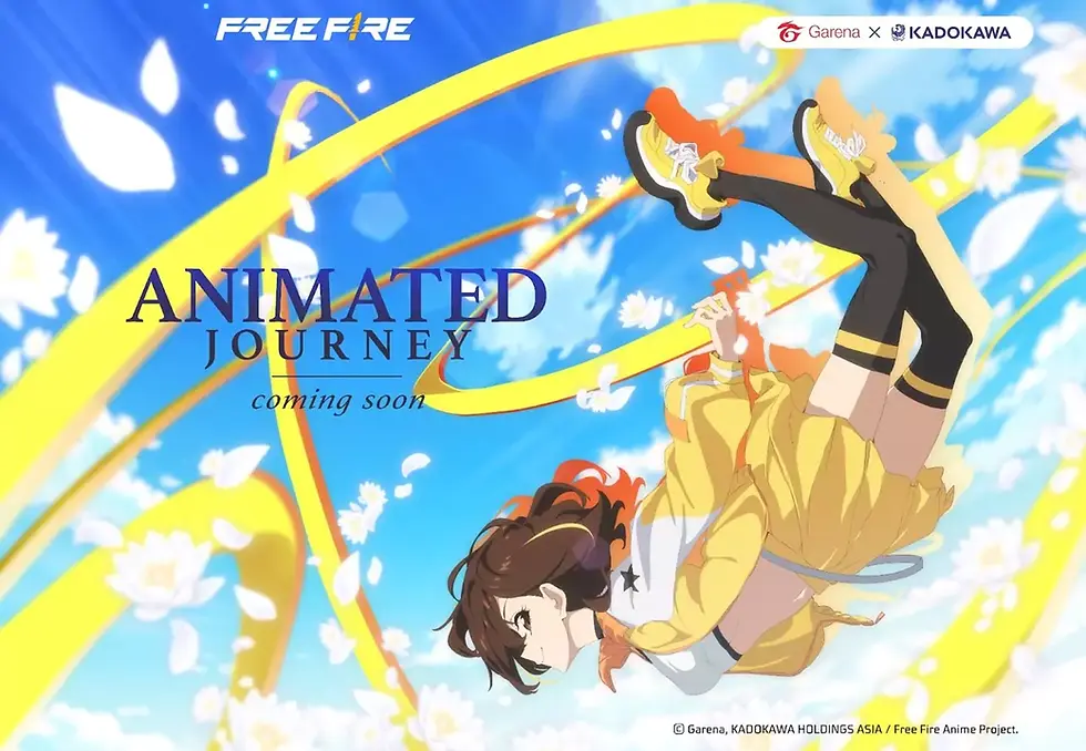 Anime character Kelly in yellow outfits floats amid petals and ribbons in a blue sky. Text: "Animated Journey, coming soon. Garena x Kadokawa." Mood: Whimsical. Its poster of Free fire anime.