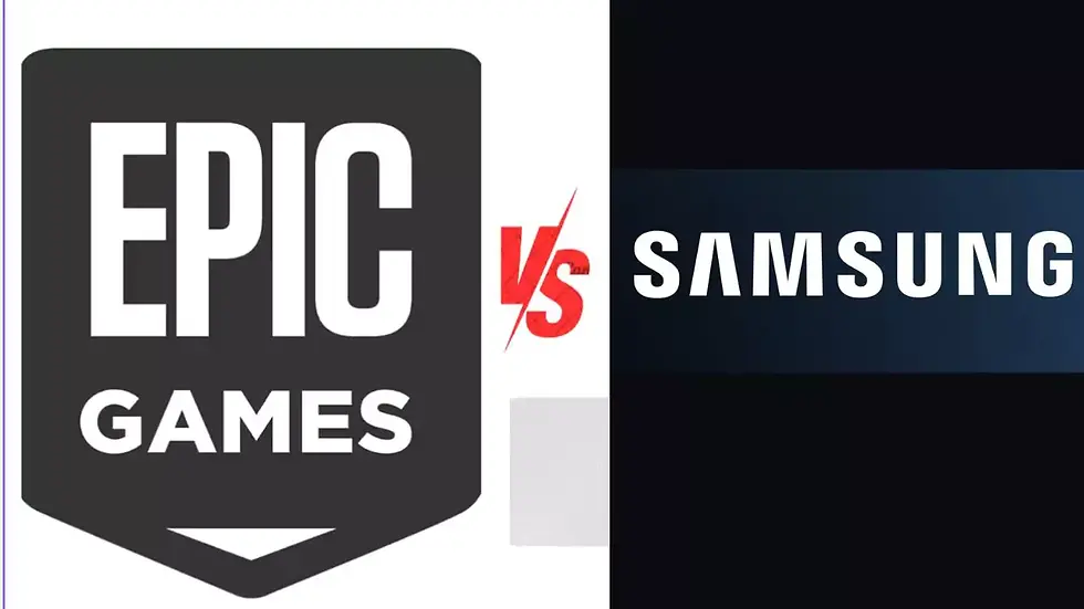 Epic Games vs Samsung logos on split black and white background, with "vs" in bold red text between them.