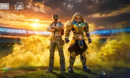 BGMI X CSK coolab showing A soldier and a lion character stand heroically in a stadium with smoke. Text reads "Winner Winner Chicken Dinner." The sky is vibrant at sunset.
