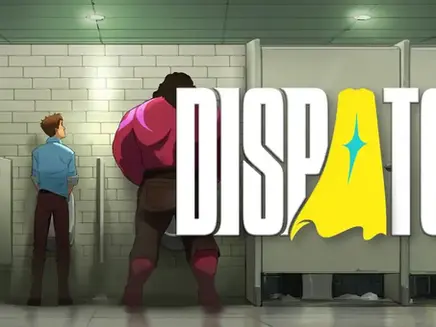 Three men at urinals, one in a pink suit and another in a blue cape. White brick wall and ceiling lights. Text "DISPATCH" overlaid.