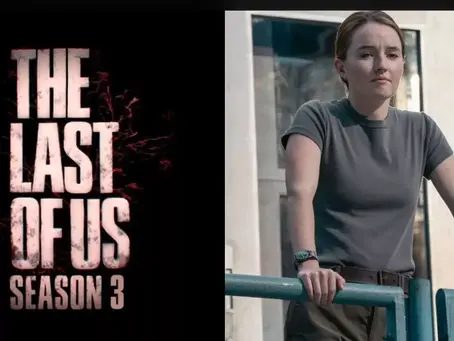 Split image: "The Last of Us Season 3" text on left, Abby leaning on railing in a thoughtful mood on right, background of windows.