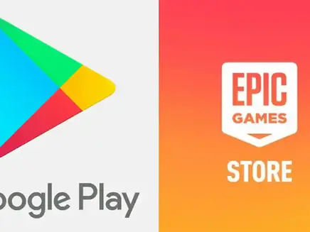 Split image with Google Play logo on gray and Epic Games Store logo on orange-red gradient background.