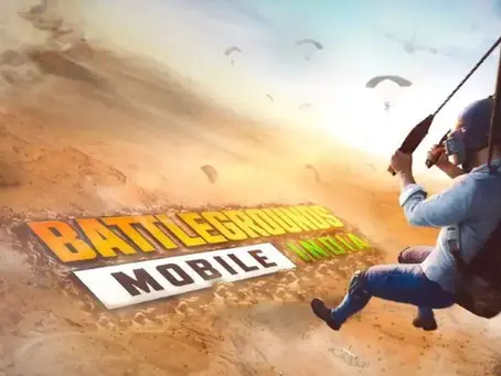 Person in helmet paragliding over desert landscape. Text: "Battlegrounds Mobile India." Bold colors convey adventure and excitement.