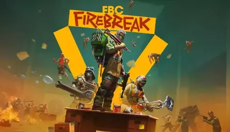 Soldiers in tactical gear stand ready in a fiery, chaotic scene with flying debris. "FBC FIREBREAK" in bold red above them. Action-packed mood.