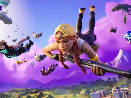 Characters skydive in a vivid purple sky with mountains below. A woman in a yellow cap holds a gun. "Fortnite" logo is visible. Dynamic mood.