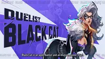 Anime-style character, Black Cat, in a dramatic pose with a purple background. Text: "Duelist Black Cat. Black Cat is an agile Duelist."