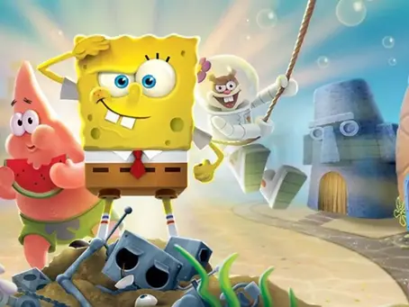 Animated characters from SpongeBob SquarePants: Battle for Bikini Bottom - Rehydrated game under the sea: one saluting, another holding a watermelon, and a third swinging on a rope. Colorful background with buildings.