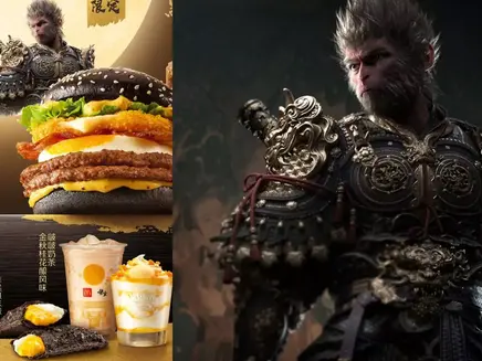 Armored monkey-like figure beside a Chinese-themed McDonald's ad featuring burgers and desserts. Gold and black colors dominate. Chinese text present. its Black Myth: Wukong.