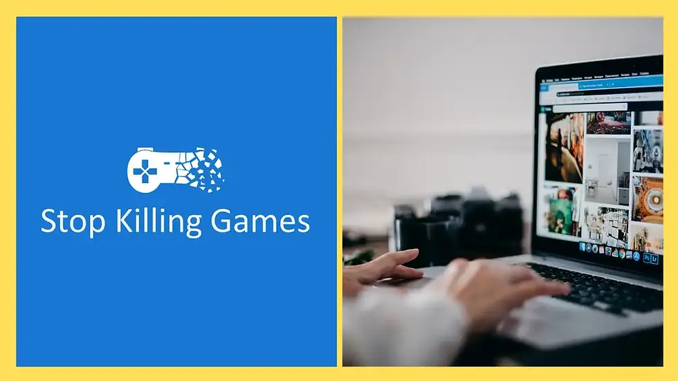 Blue graphic reads Stop Killing Games with a breaking game controller. Right side shows a person typing on a laptop displaying images.