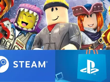 Colorful Roblox characters in varied outfits smile against a space background. Below, "Steam" and PlayStation logos on a blue backdrop.