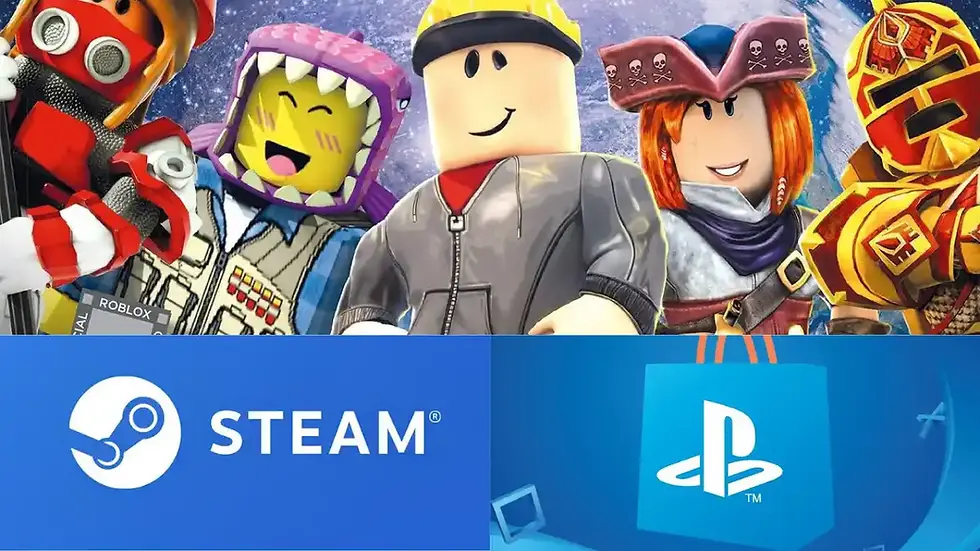Colorful Roblox characters in varied outfits smile against a space background. Below, "Steam" and PlayStation logos on a blue backdrop.